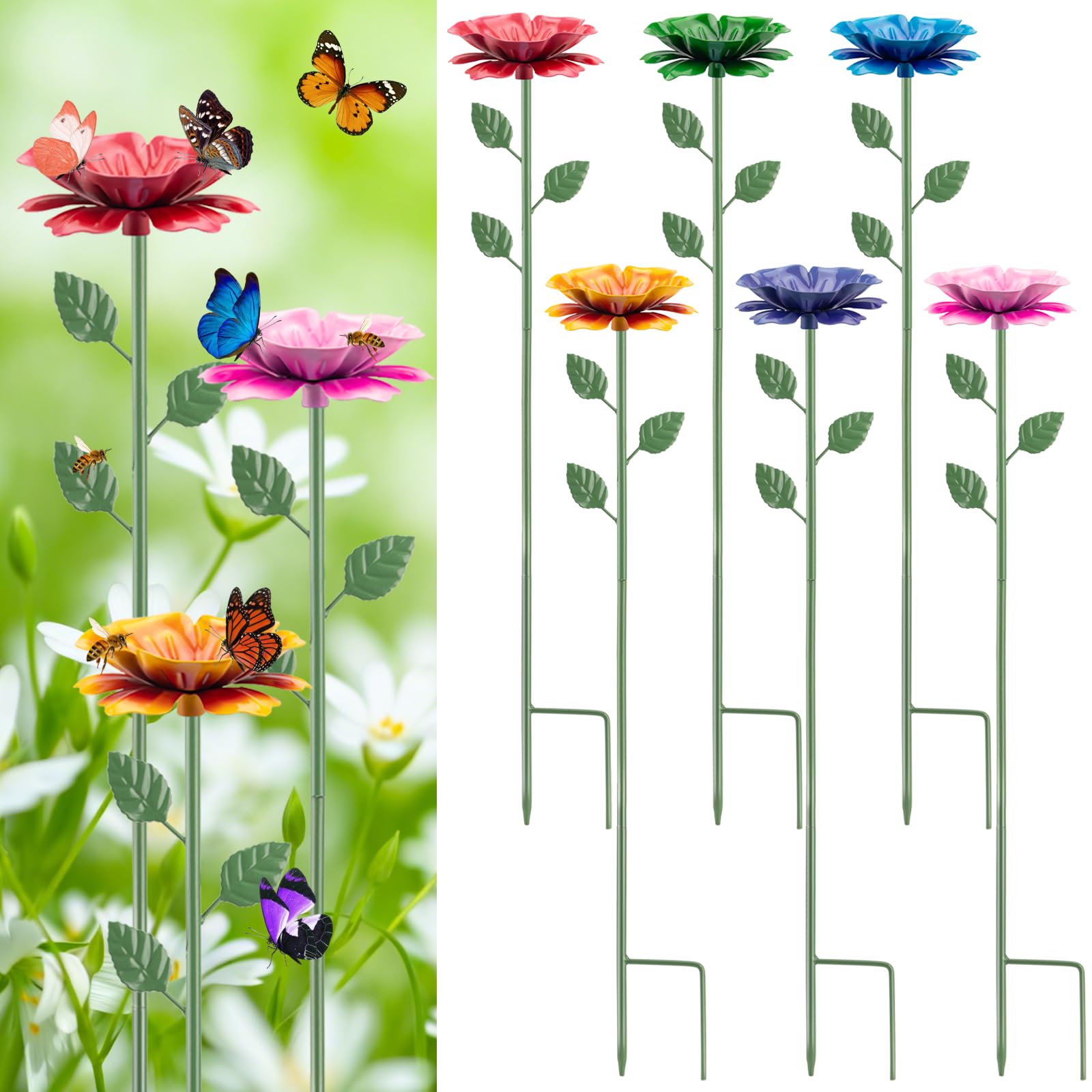 6 Pack Bee Watering Station, Bee Bath for Garden Metal Bees Water Feeder with Flower Design, Colorful Butterfly Feeder Bowl for Outdoor Garden Yard Decor