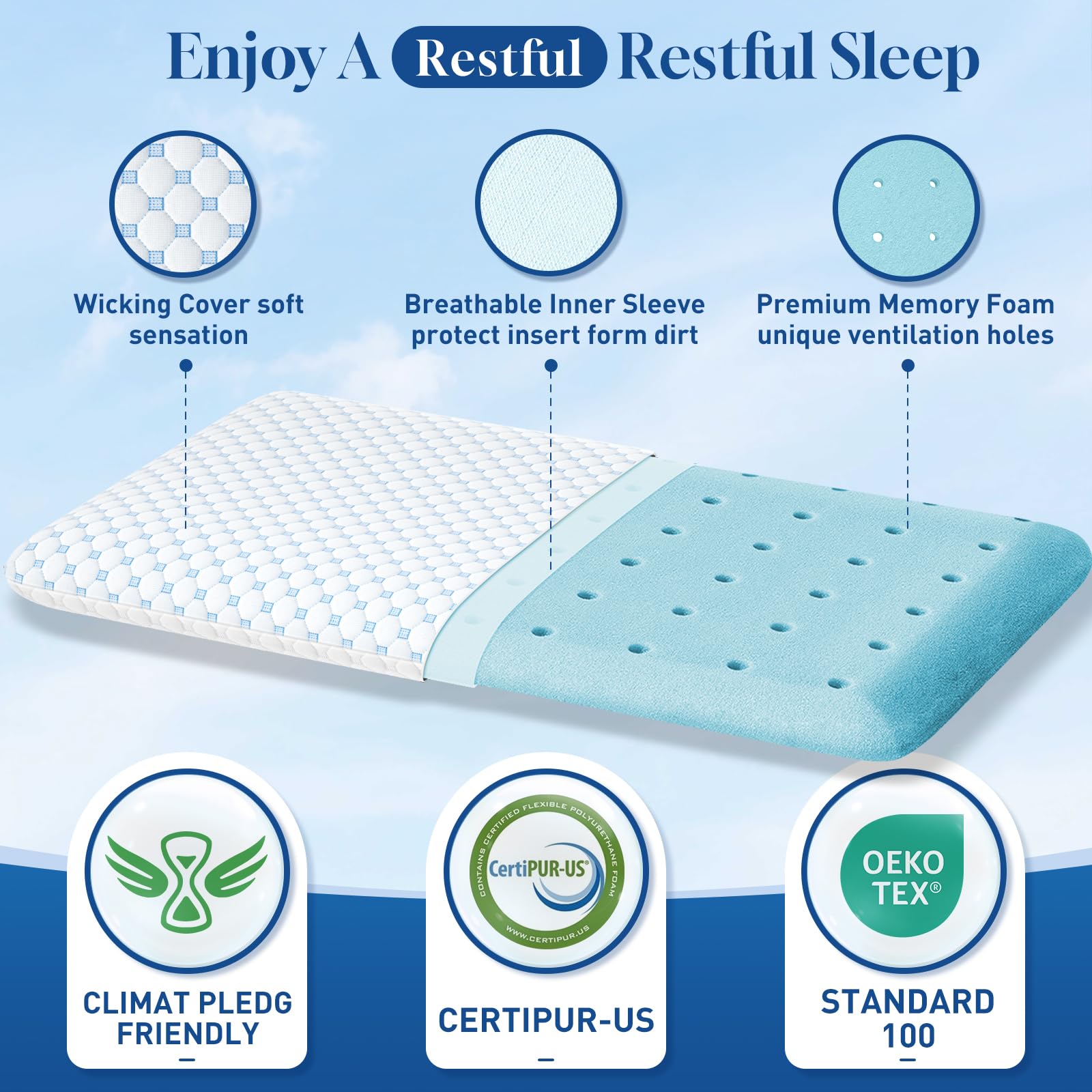 CloudBliss Cuscini rinfrescanti ultra sottili da 7 cm per lato | schiena | addormentati, cuscino piatto in memory foam, cuscini a basso profilo con comoda federa traspirante su entrambi i lati