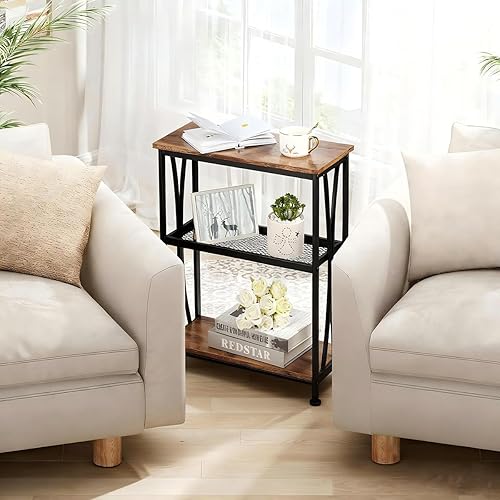 Miniatura 15 de GIOPACO Mesa auxiliar estrecha, mesa auxiliar con estantes de almacenamiento de 3 niveles, mesas auxiliares delgadas industriales rústicas para