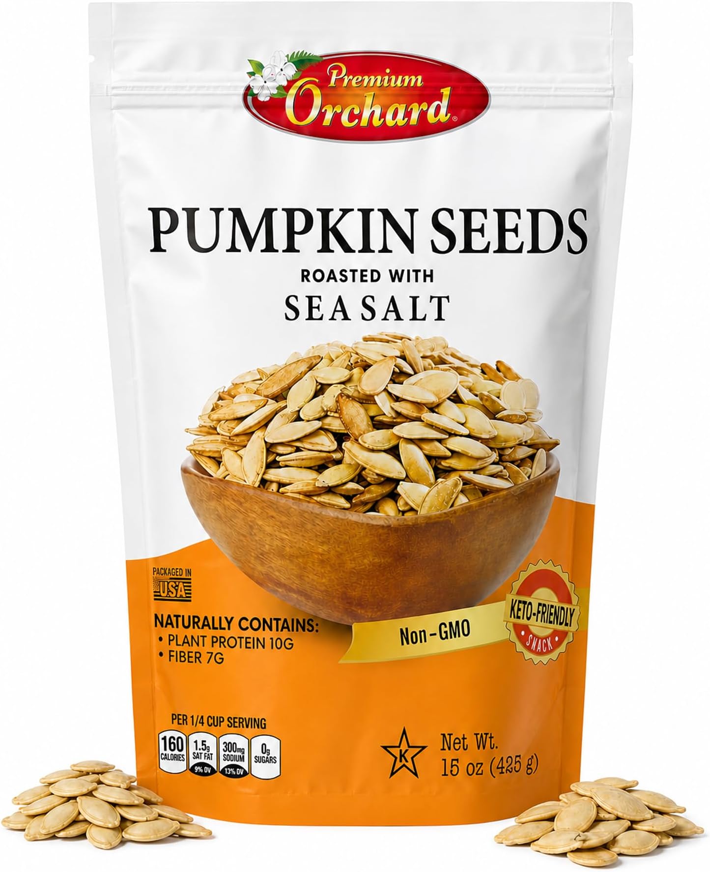 ROASTED PUMPKIN SEEDS to Eat in Shell by Premium Orchards MIXED NUTS - Salted with Sea Salt - Non-GMO Vegan Fresh Healthy Snacks/ - Great source of Plant Protein, Zinc, Magnesium & Iron - 1 Bag