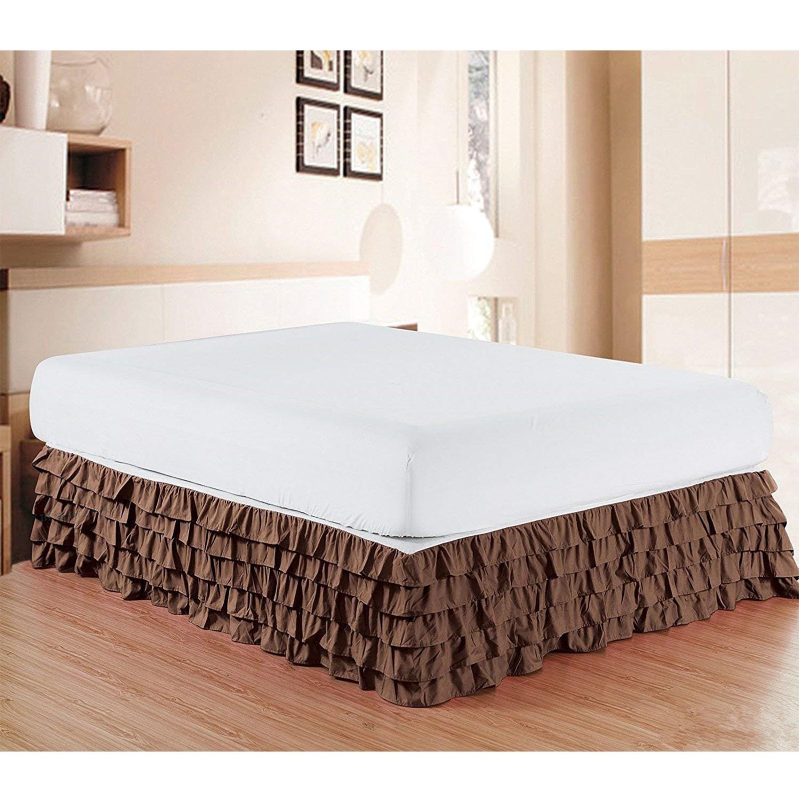 Surwin Pleated Bed Valance Sheet Single Double King, Princess Bed Base Wrap Extra Deep Frilled Fitted White Valance Sheet Easy Care Bed Skirt Soft Microfibre Breathable (100x200x45cm,Brown)
