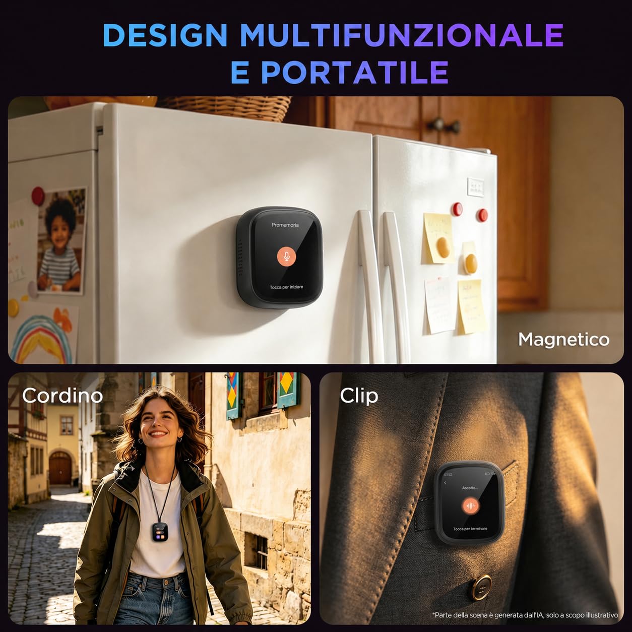 Z02 Traduttore vocale IA e badge, dispositivo di traduzione in tempo reale 102 lingue, registrazione con un‑clic per verbali d’incontri e mappe mentali, Bluetooth integrato per viaggi e lavoro