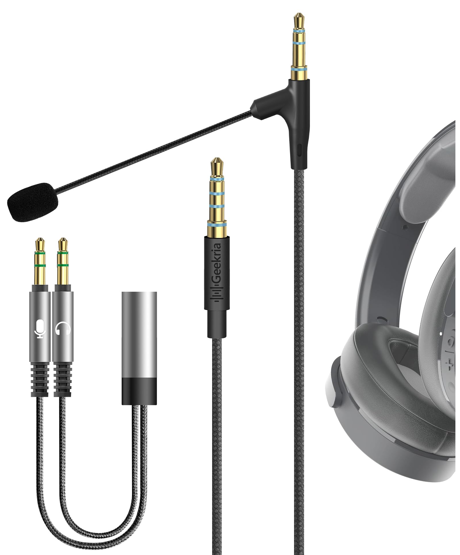Geekria Boom Mic Headphones Cable Compatible with Skullcandy Hesh 3, Evo, Crusher Evo, Venue Headsets, 3.5mm Jack Nylon Braided Replacement Cord with Boom Microphone for Gaming & Meeting (5.6 ft)