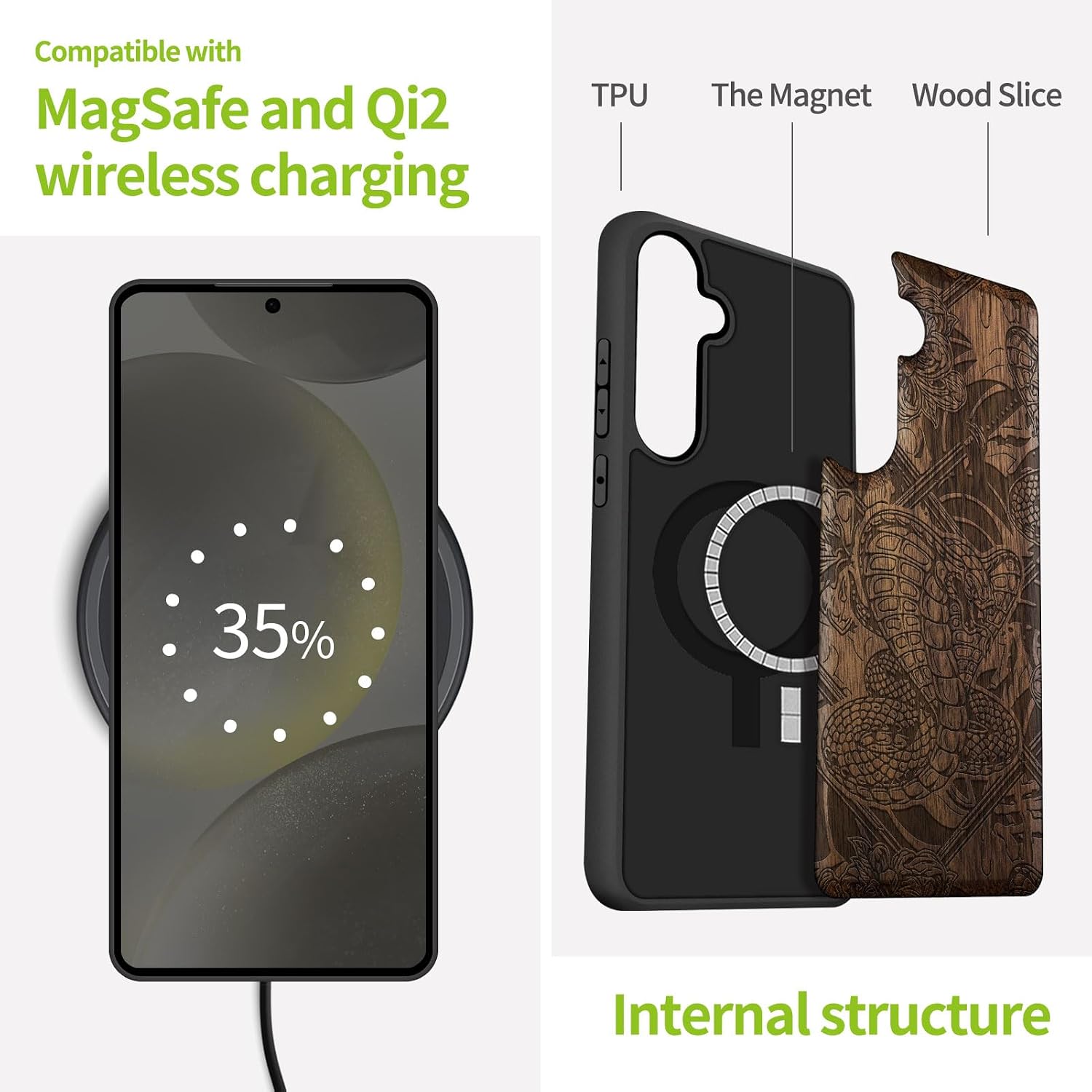 Carveit Magnetic Wooden Case for Galaxy S25+ Samsung S25 Plus Case, TPU Shockproof Cover & Wood Engraved, Compatible with MagSafe Wireless Chargers (Vintage Snake & Katana Totem) Walnut