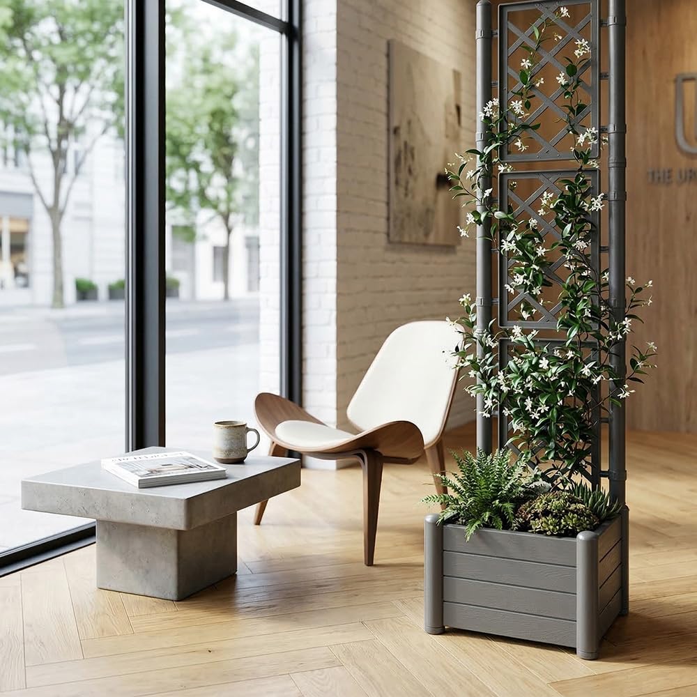 Fioriera Antracite con vaso rettangolare cm 100x43 o vaso quadrato 43x43 e Spalliera Grigliata separe' alta cm 195 graticola rampicante per piante e fiori (Fioriera quadrata 43x43 cm)