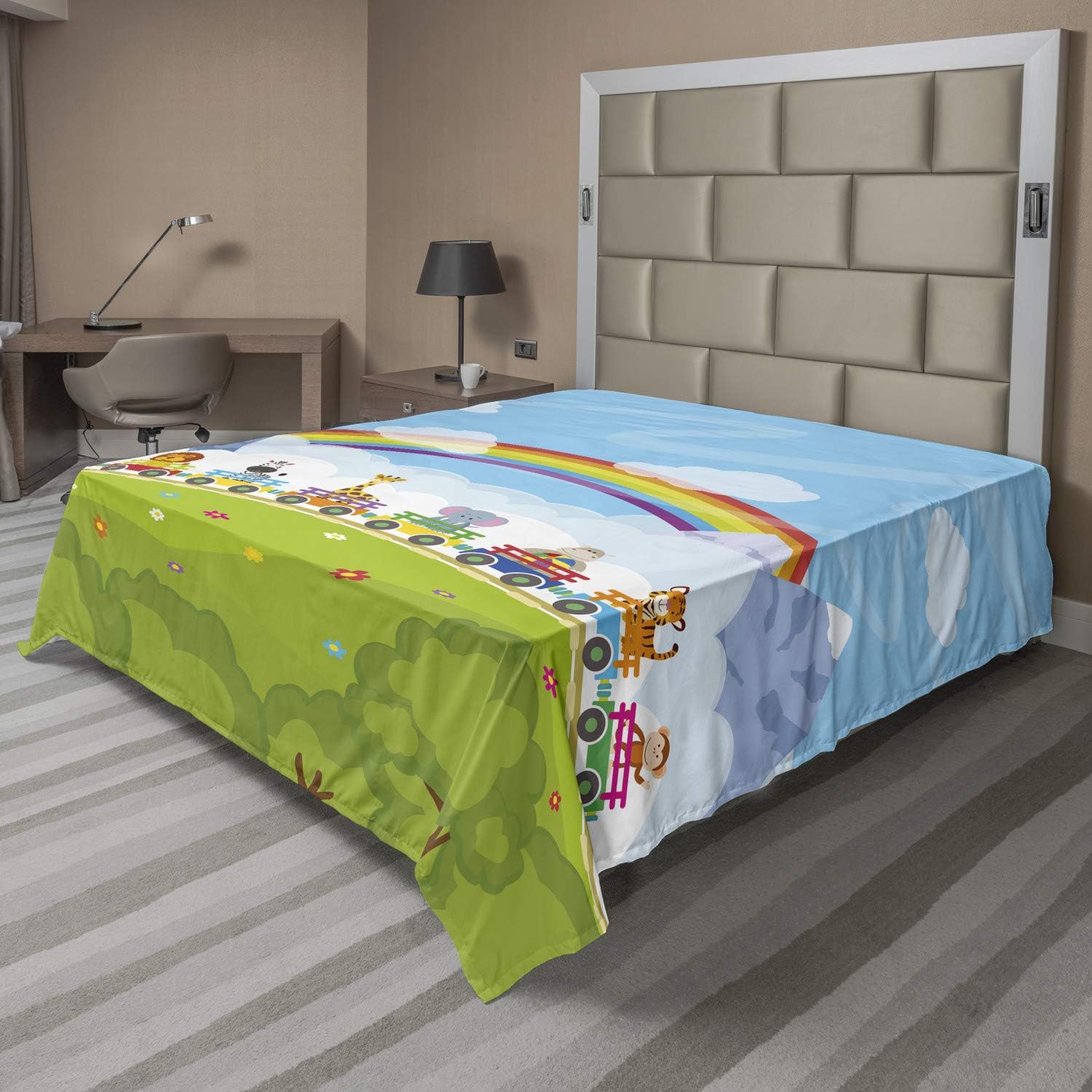Ambesonne Cartoon Flat Sheet, Railway Train with Various Animals and a Rainbow Mountains Clouds Trees, Soft Comfortable Top Sheet Decorative Bedding 1 Piece, Queen Size, Multicolor