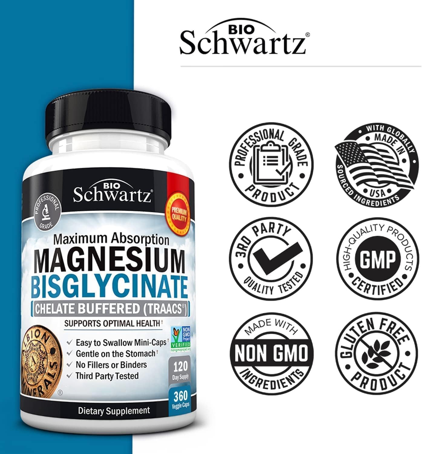 Magnesium Bisglycinate Chelated Supplement - High Absorption Magnesium Glycinate Supplement for Women and Men - Sleep, Muscle, Bone & Joint Support - Non-GMO, Non-Laxative Chelate - 360 Capsules - Image 7