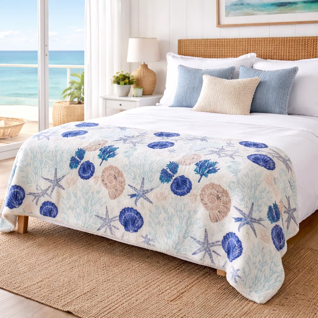 Ocean Life Coastal Throw Blanket: Soft Plush Velvet Fleece Calming Hues of Blues Beige on White, Accent for Sofa Couch Chair Bed or Dorm (Coastal Shells)