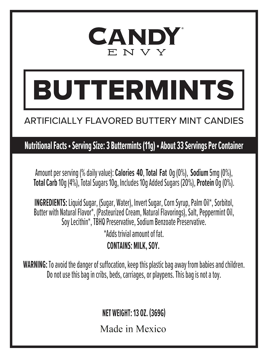 Candy Envy White Buttermints - 13 oz. Bag - Approximately 100 Individually Wrapped Mints