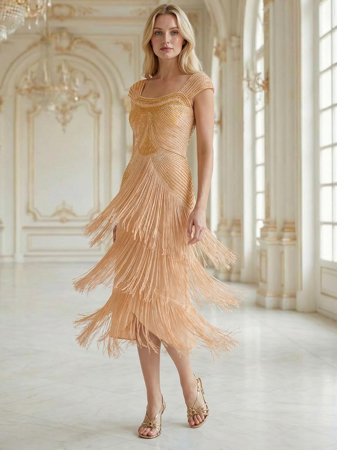 Ever-Pretty Women's Vintage Fringed 1920s Flapper Dresses Cap Sleeve Sequin Beaded Midi Spring Formal Wedding Guest Dress - Image 3