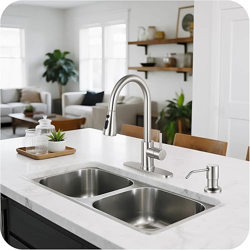 Kitchen Faucet with Pull Down Sprayer - Brushed Nickel Single Handle Kitchen Faucets, High Arc Stainless Steel Pull Out Kitchen Sink Faucet with Deck for RV Laundry Farmhouse Bar(Classic with Soap Dispenser,A: Brushed Nickel)