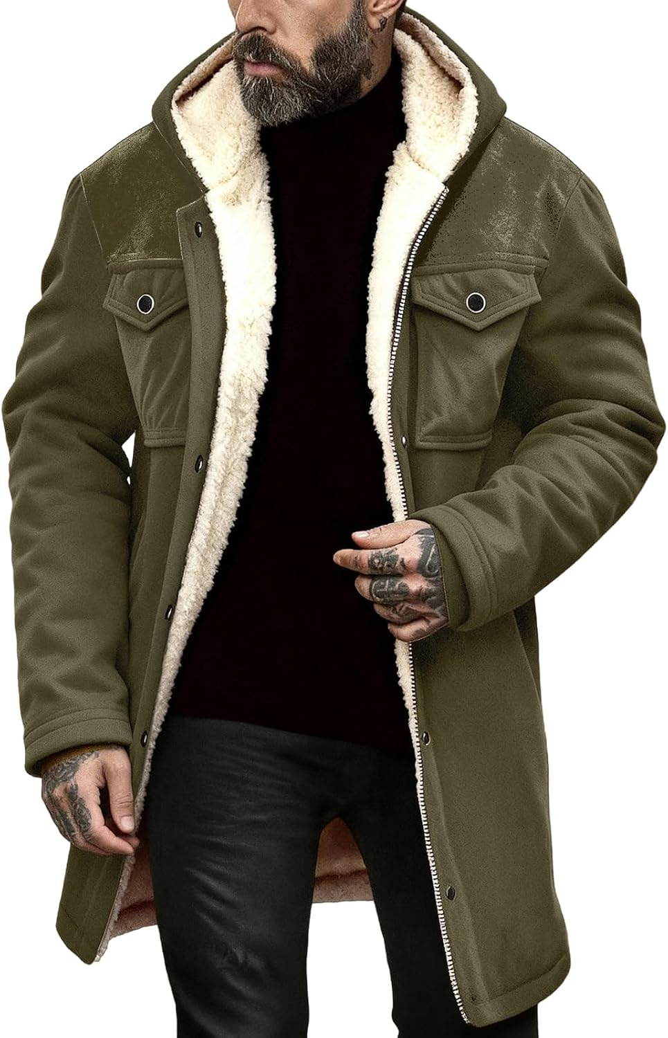 Men's Vintage Suede Jackets Faux Shearling Hooded Fleece Jacket Snap Button Full-Zip Trench Coat Winter Thermal Coat