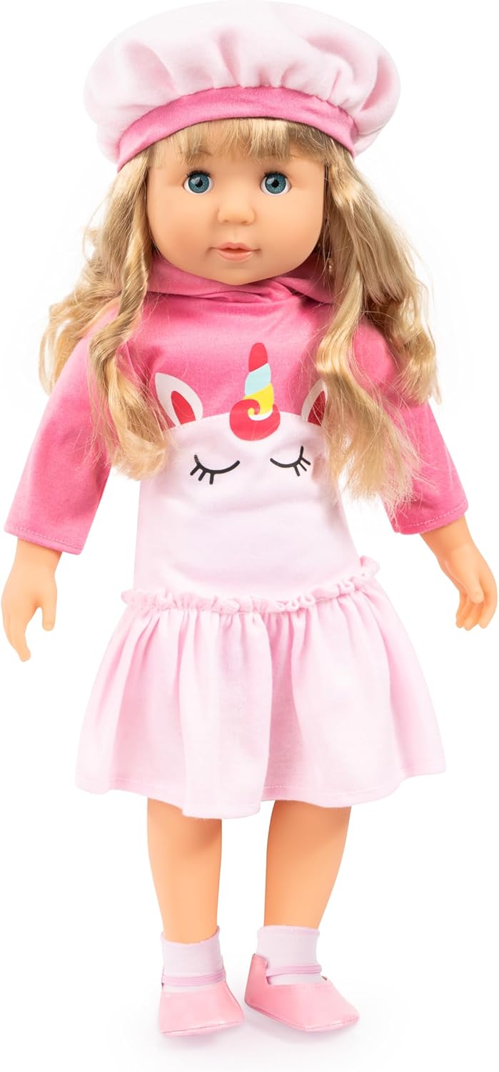 Bayer Design: Charlene 18" Doll: Interactive Sounds - Kiss & Laugh - Pink Unicorn Outfit, Long Curly Blonde Hair, Storage Suitcase-Accessories, Kid 3+