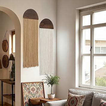 Betylifoy 2PCS Macrame Wall Hanging Green Beige Tassel Tapestry Boho Chic Wall Decor Handmade Woven Wall Tapestry Aesthetic Bohemian Wall Art for Bedroom Living Room Apartment Backdrop (Beige&Khaki)