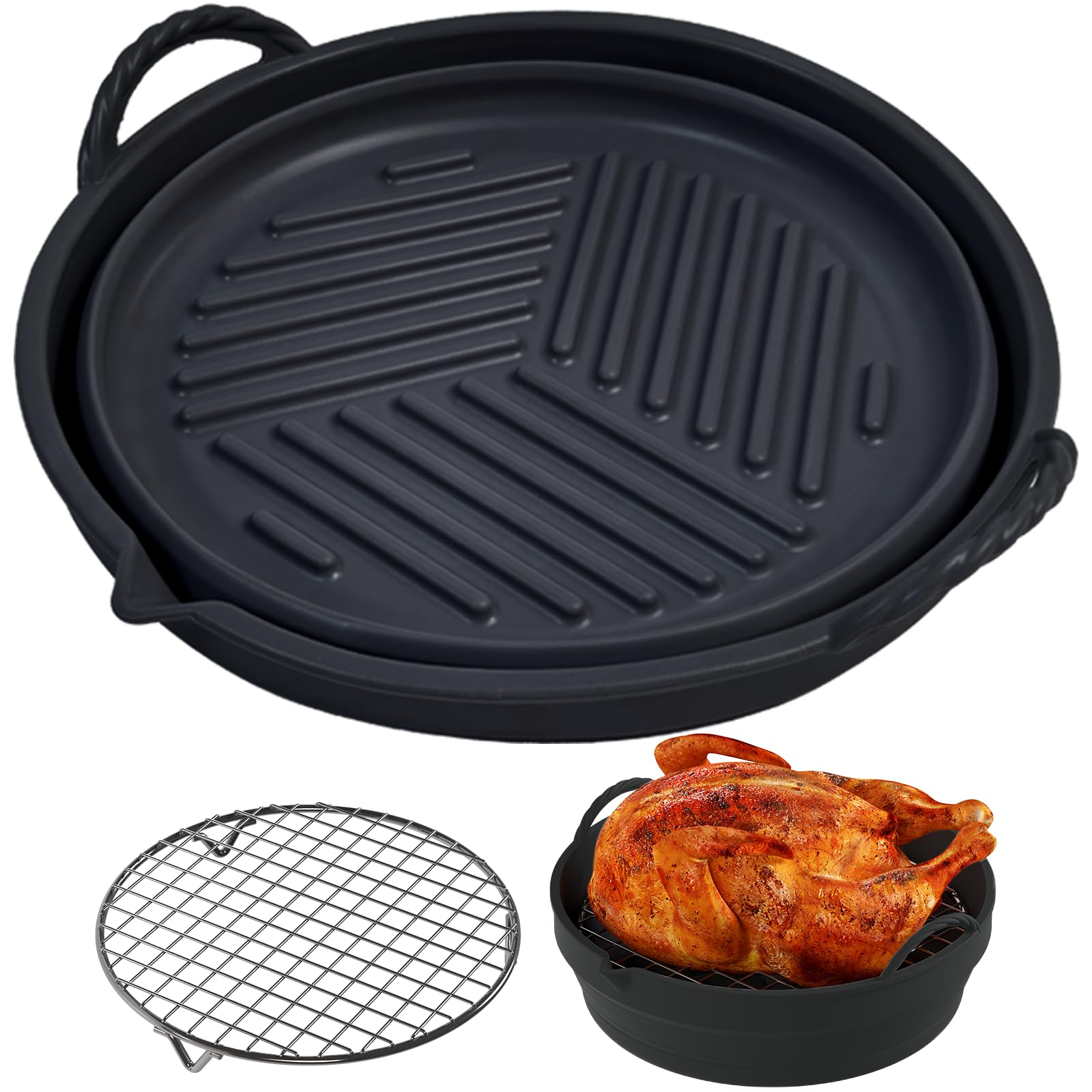 Reusable Silicone Liners with Rack, Foldable Round Basket Liners, 8.5 Inch Inserts for 5-7 QT Air Fryer, Black