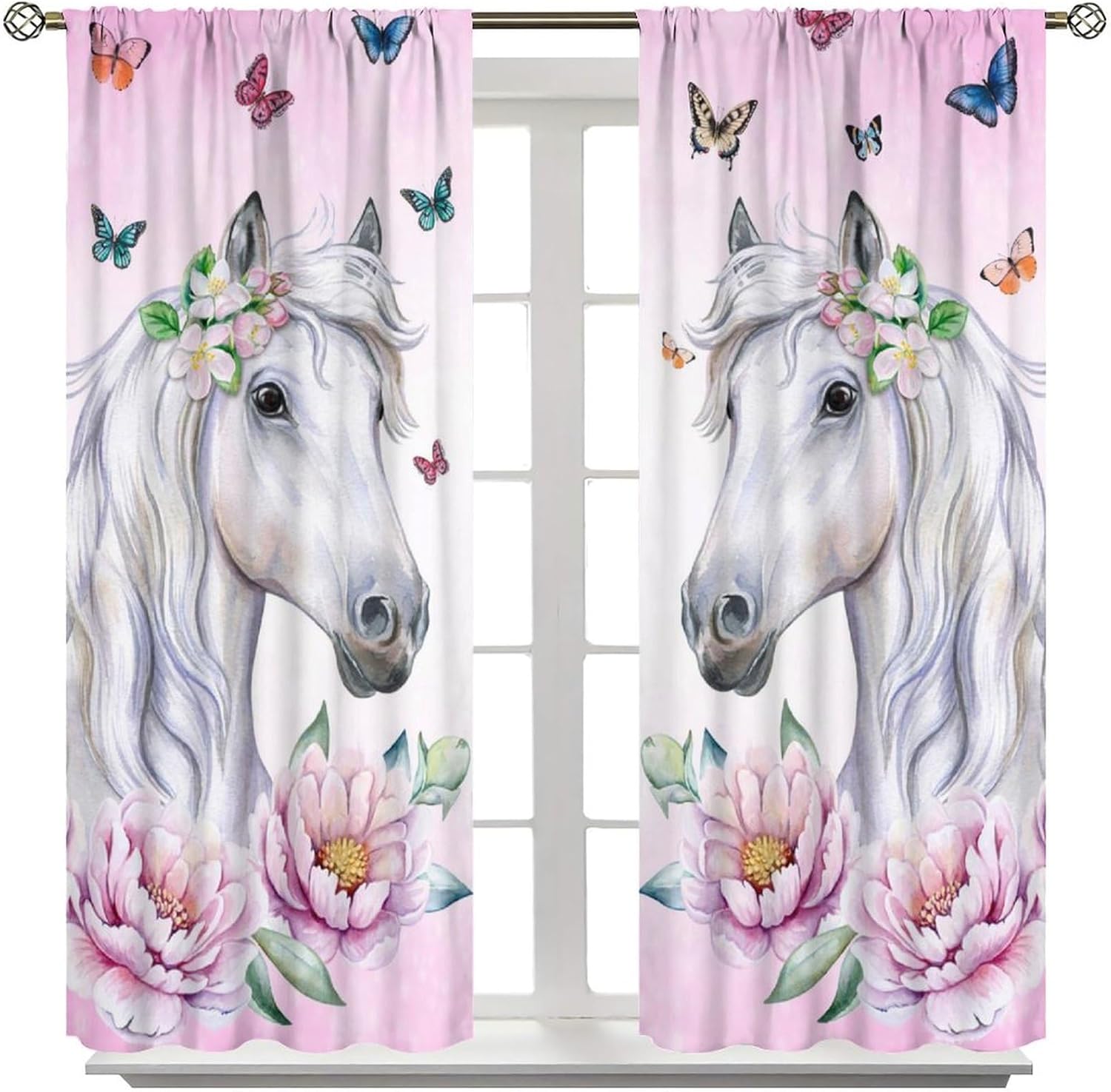 Cartoon Horse Blackout Curtains Watercolor Pink Flowers Butterfly Window Treatments for Kids Boys Girls Baby Bedroom Nursery Toddler Home Rod Pocket Drapes 2 Panels 42x63 Inch