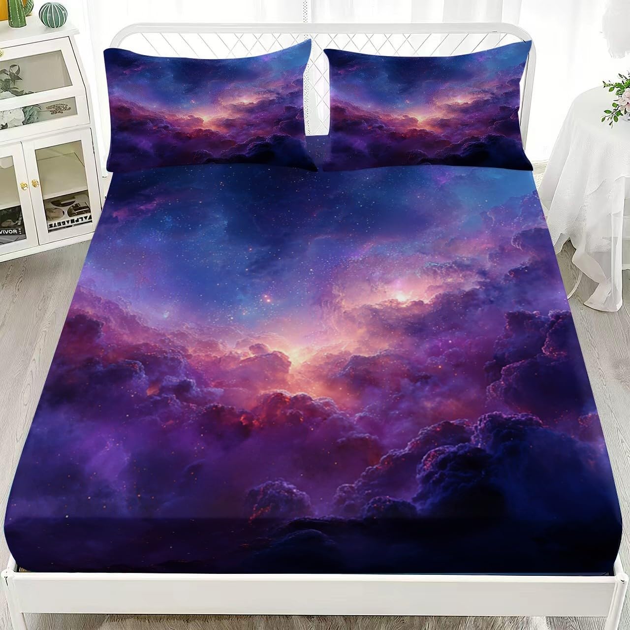 Drap Housse 200x200cm Violet Bande Élastique Réglable 2 Personnes Lit