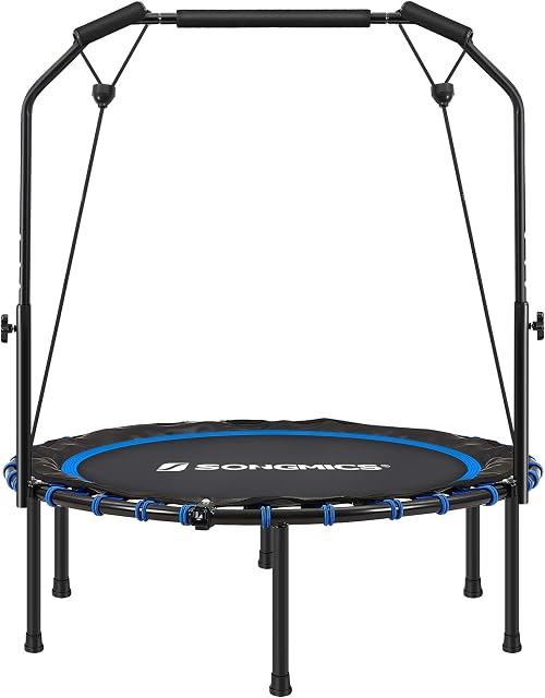 SONGMICS 102 cm Mini Fitness Trampoline, Fitness Rebounder with Adjustable Handrail, Foldable Trampoline for At-Home Workout, Max. Load 120 kg, Blue and Black STR040Q01