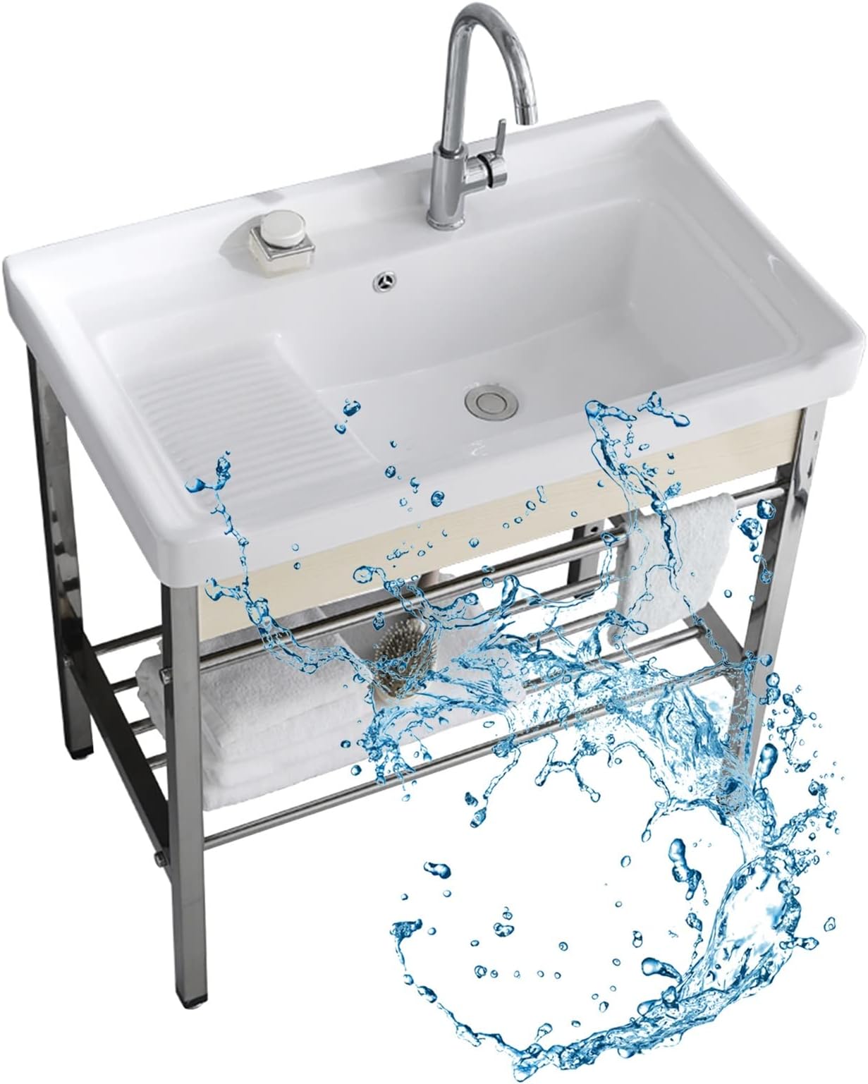 Freestanding Laundry Utility Sink,Ceramic Wash Basin Sink Porcelain Vessel Basin Rectangle with Stainless Steel Shelf and hot Cold Water Faucet, for Farmhouse Bathroom,Washing Room, Basement, Shop ( C