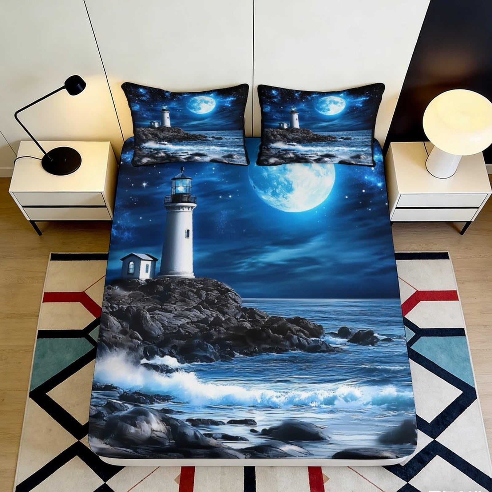 3D Printed Moonlight Lighthouse Fitted Sheet Microfiber Soft Waterproof Ocean Night Mattress Cover for Bedroom Guest Room 90x200x25cm