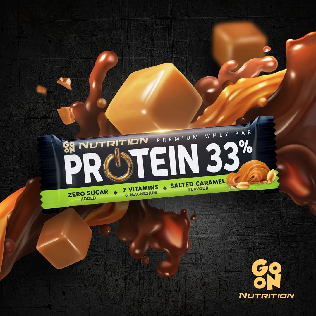 GoOn NUTRITION - Batony proteinowe bez cukru, Baton proteinowy 33%, Batony fitness z izolatami białka mlecznego, Karmel solony 3 sztuki x 50g
