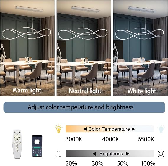 Dimmable LED Pendant Light Modern Dining Room Pendant Lamp Spiral Design Light Fittings Dining Table Lamp with Remote Control Height Adjustabl 120 cm for Kitchen Office Study (Chrome, L120cm) [Energy Class A++]