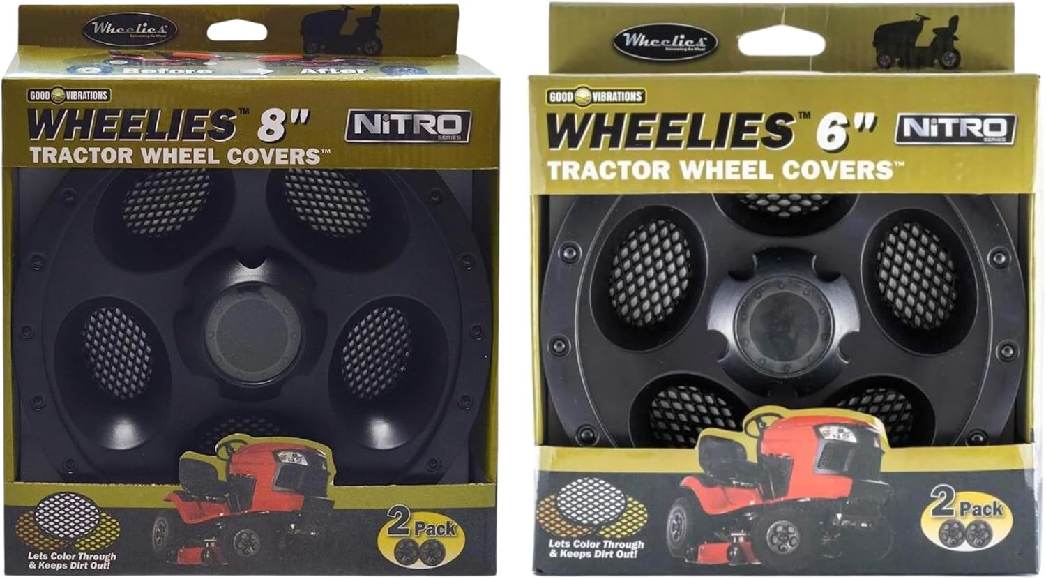 Good Vibrations Wheelies Nitro Series - Riding Lawn Mower Tractor Wheel Covers - Snap Fit to the Rim - 6 and 8 inch Diameter Set