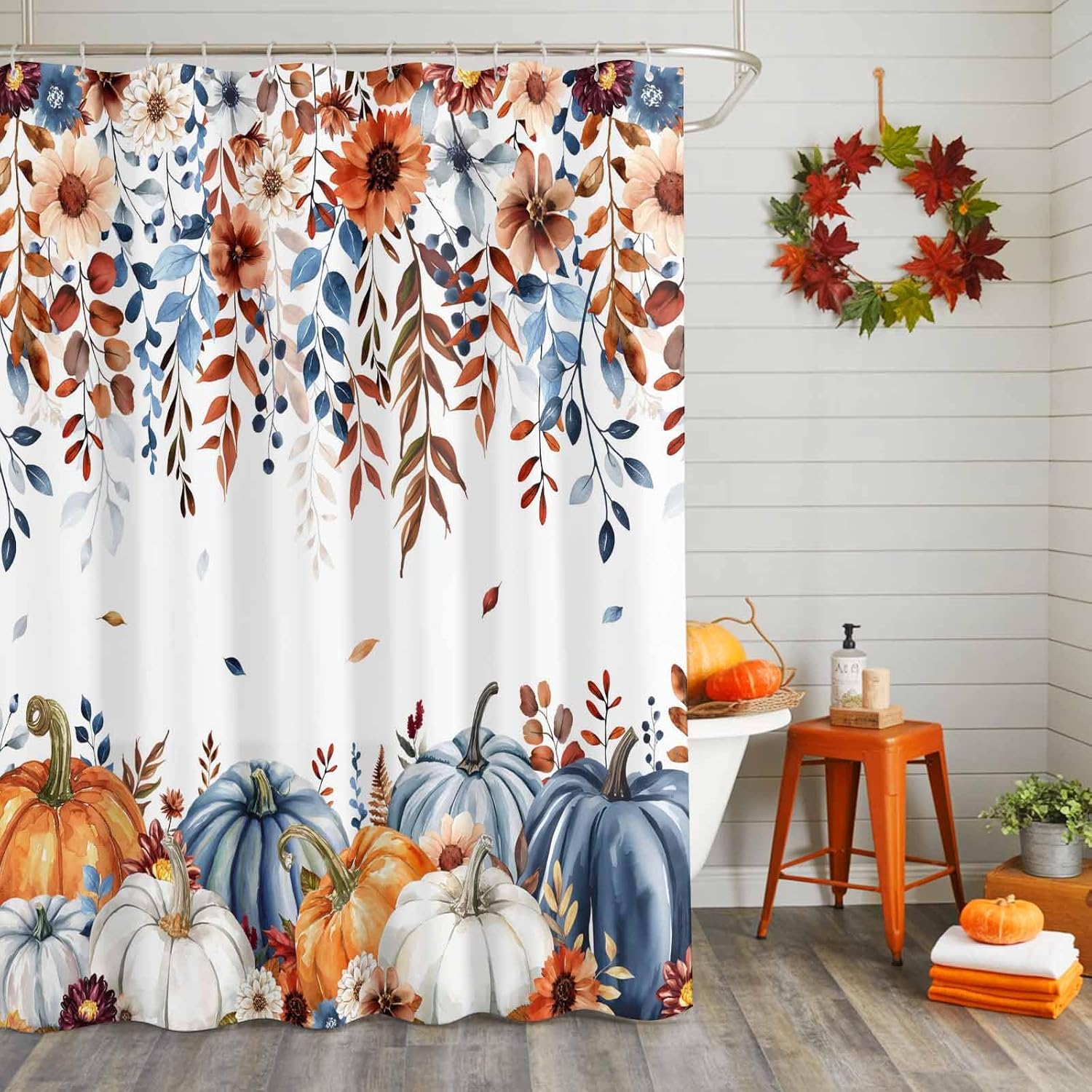 Orange Blue Pumpkins Fall Shower Curtain Set - Extra Long 72" x 96" Washable Bathtub Thanksgiving Curtain with 12 Hooks, Floral Botanical Waterproof Fabric Shower Curtains for Bathroom