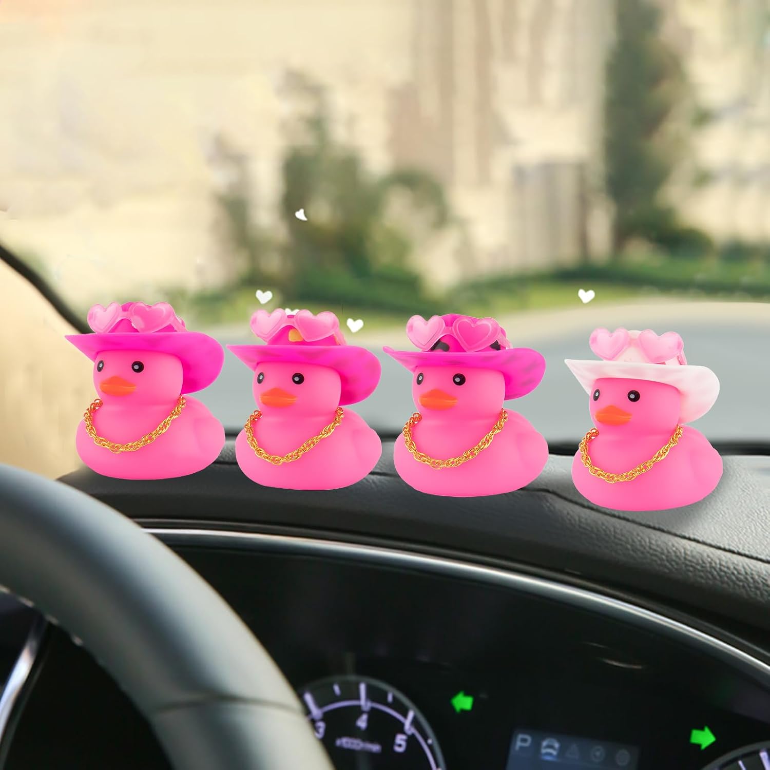 wonuu Car Cowboy Rubber Ducks, Dashboard Decorations Pink Duck for Car Ornament Accessories with Hat Heart Glasses Chain, White