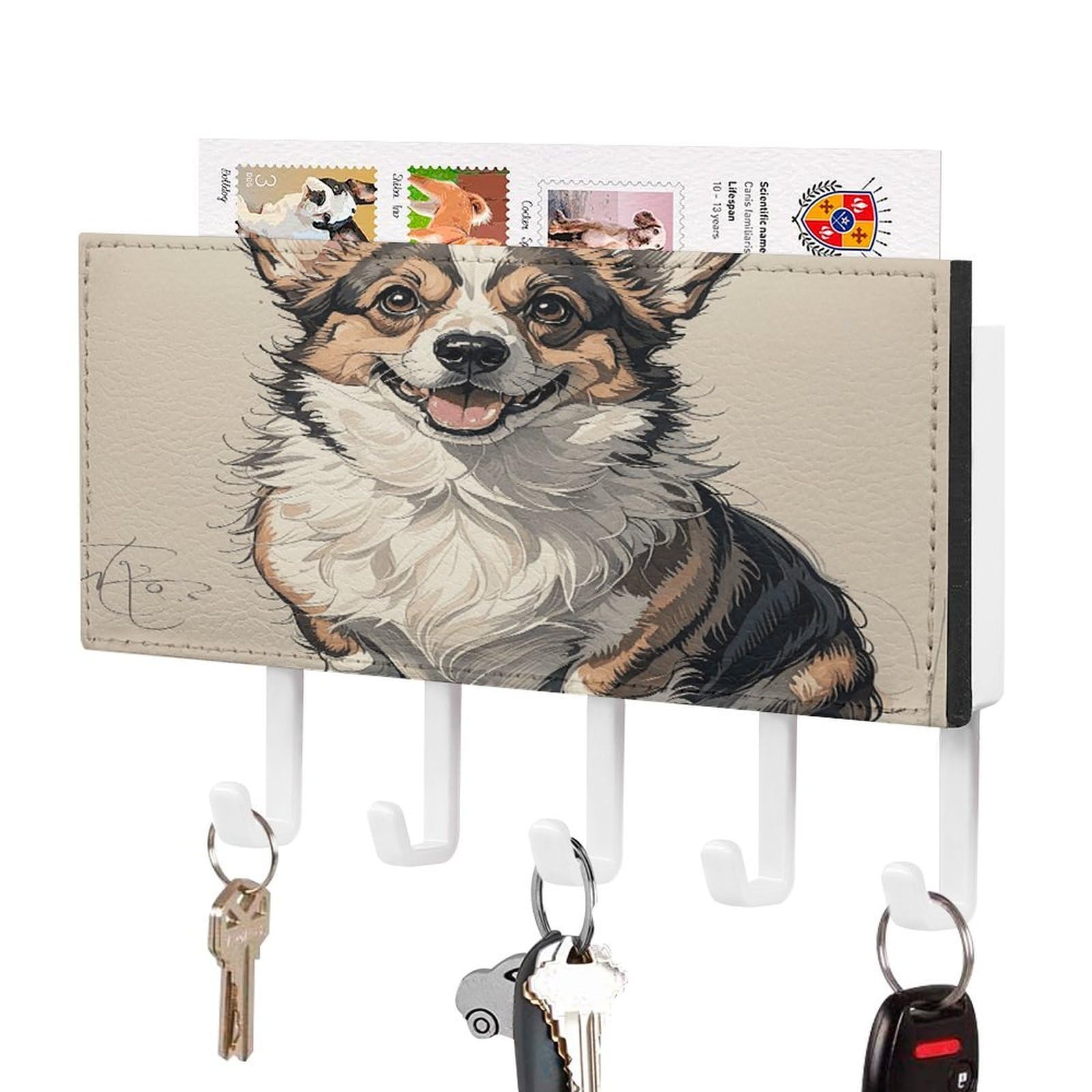 FekiLoot Hand Drawn Sketch Corgi Key Holder Wall Mount Key Hanger with 5 Hooks Decorative Key Rack Hanging Key Hooks with Mail Organizer Key Holder for Wall Living Room Kitchen Bathroom Hallway White