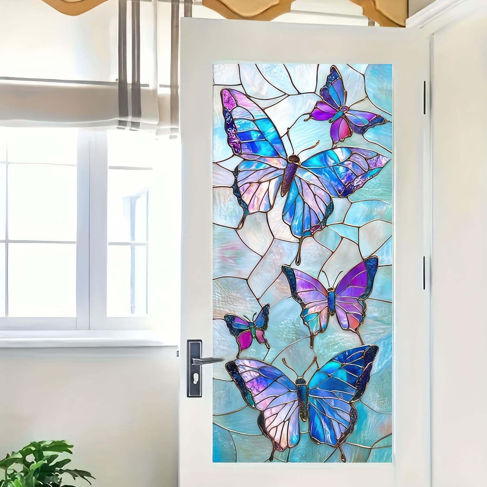 Stained Glass Butterfly Window Film Floral Window Privacy Film Glass Privacy Decals Living Room Sun Blocking Decor Removable Static Cling Stickers 17.71x39.97 inch