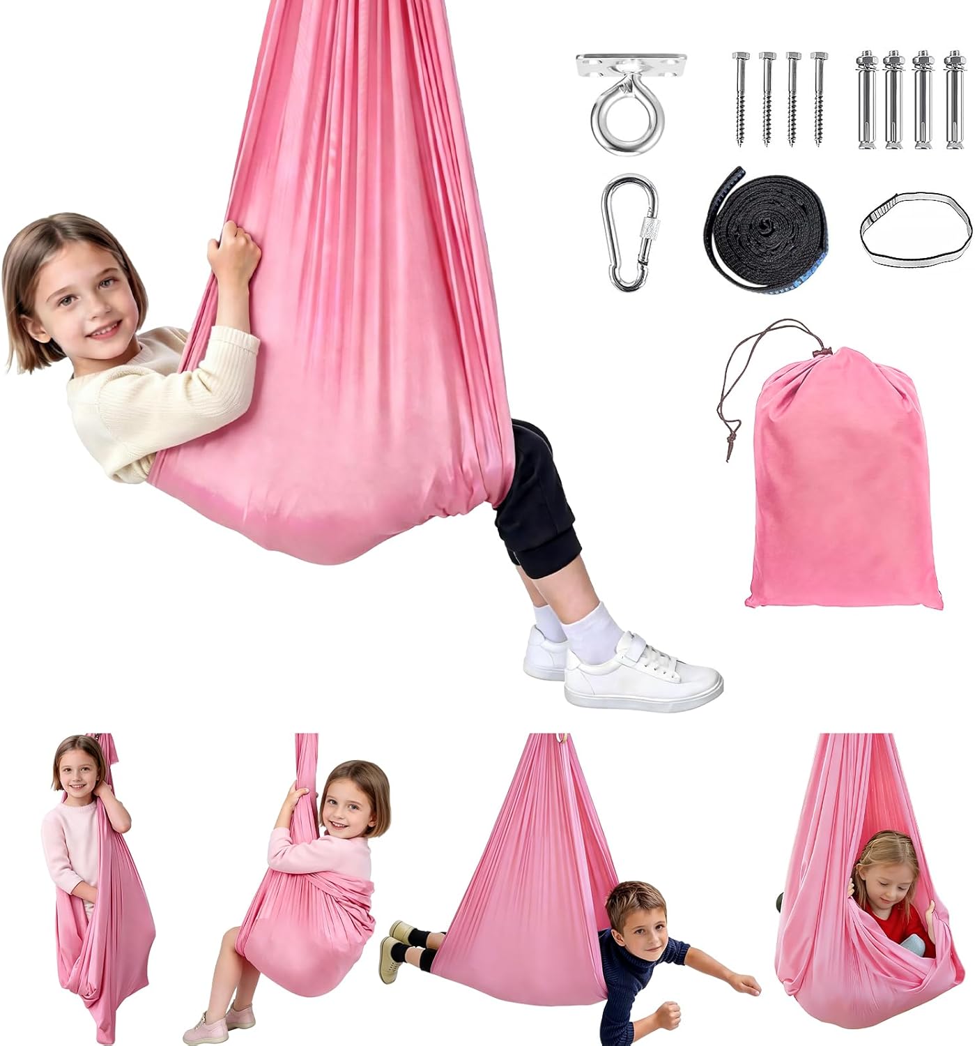 Kids Sensory Swing for Indoor Outdoor – Heavy Duty 330 lbs Double Layer Hammock Chair for Autism & ADHD, Calming Cuddle Therapy Swing for Boys Girls (Pink)