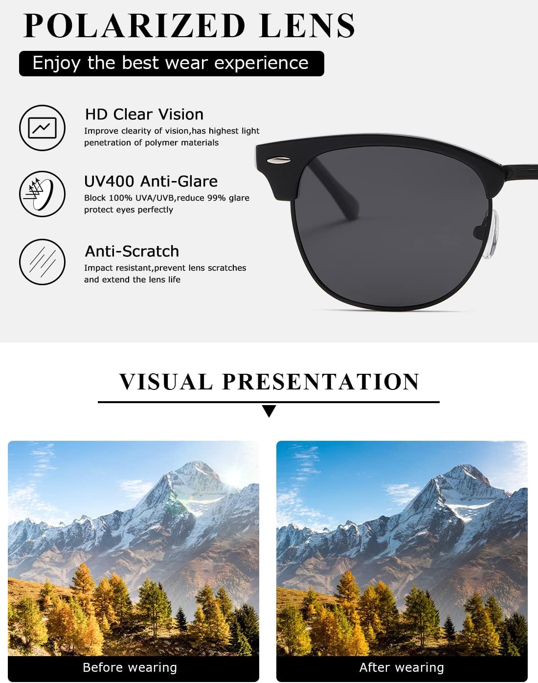 AEVOGUE Polarized Sunglasses For Women And Men Semi Rimless Frame Retro Sun Glasses AE0369 - Image 6