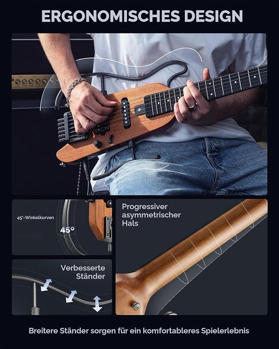Donner HUSH-X Electric Guitar Kit - Featherlight and Quiet Performance Headless Guitar for Travel and Practice Mahogany Solid Body with One-Second Assemble Frames Gig Bag All Accessories Natural