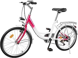 Biciclette da 20 pollici, bici da città a 6 marce, con lampada a LED, rosa adolescenti, freno a V e freno a tamburo, regolabile in altezza