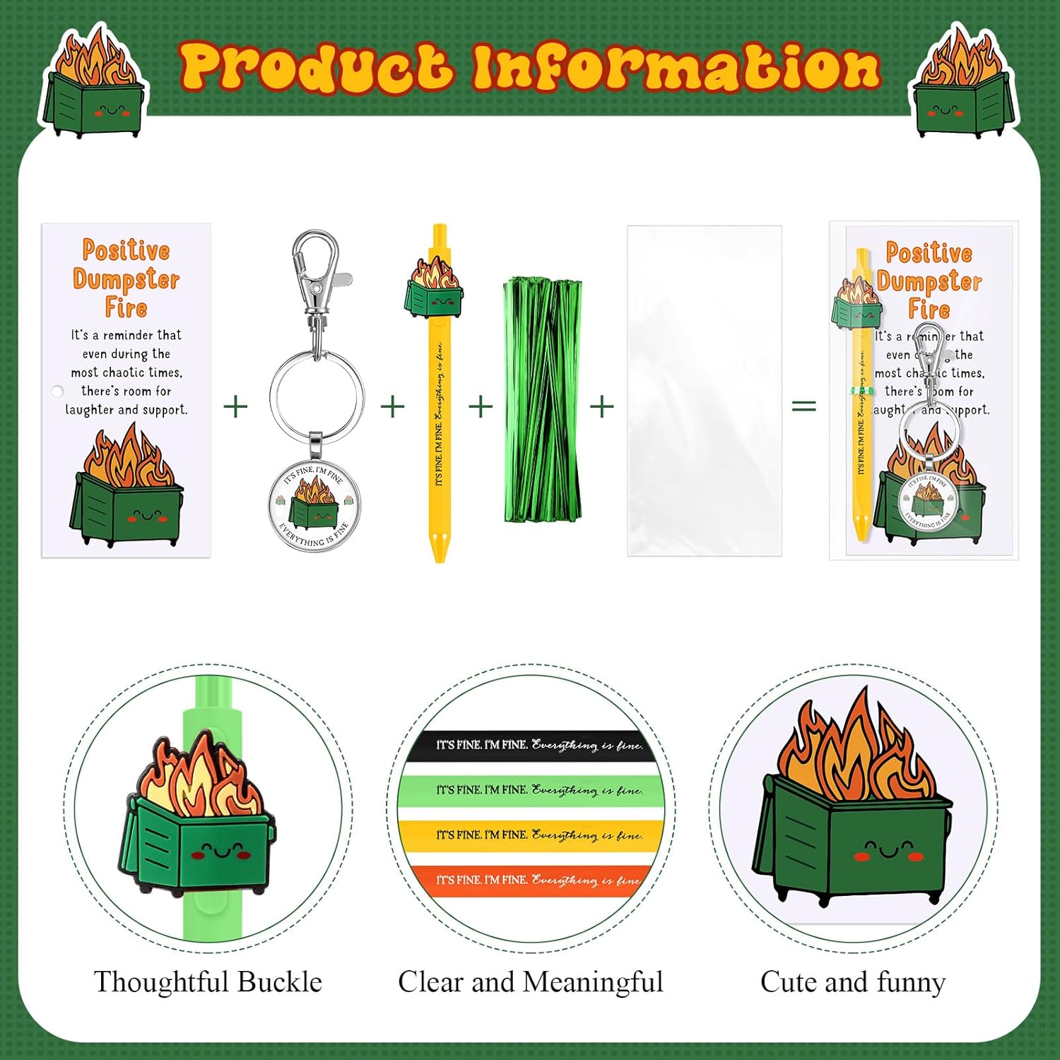 Kosiz 30 Set Employee Coworkers Gifts Bulk Dumpster Fire Pens Keychains Emotional Support Cute Funny Inspirational Pens Positive Keychains with Cheer up Cards