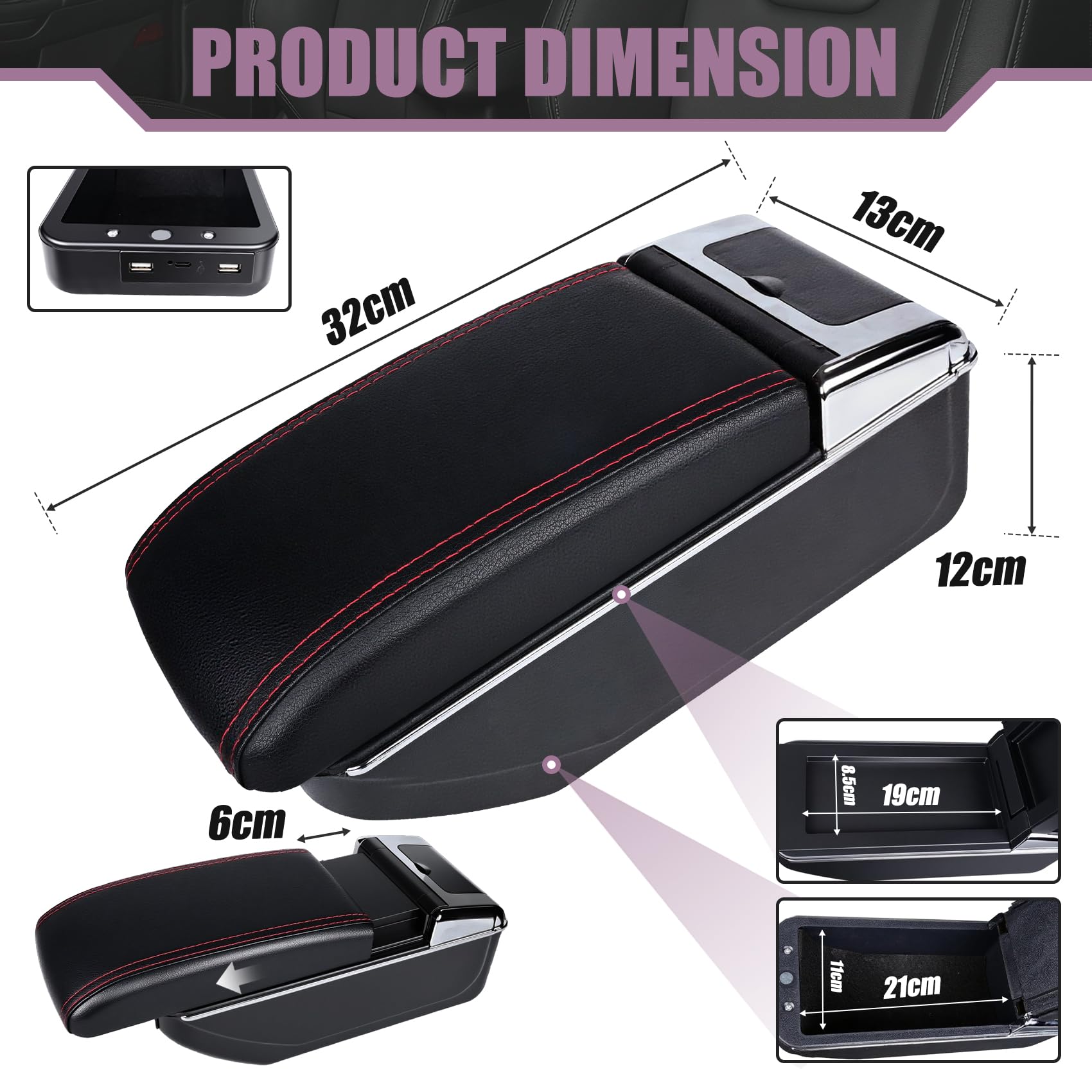 Bracciolo Centrale per Ford Fiesta MK7 2009-2017, Doppio Scomparto, Pelle Nera, Facile da Installare, Accessorio Auto Personalizzato