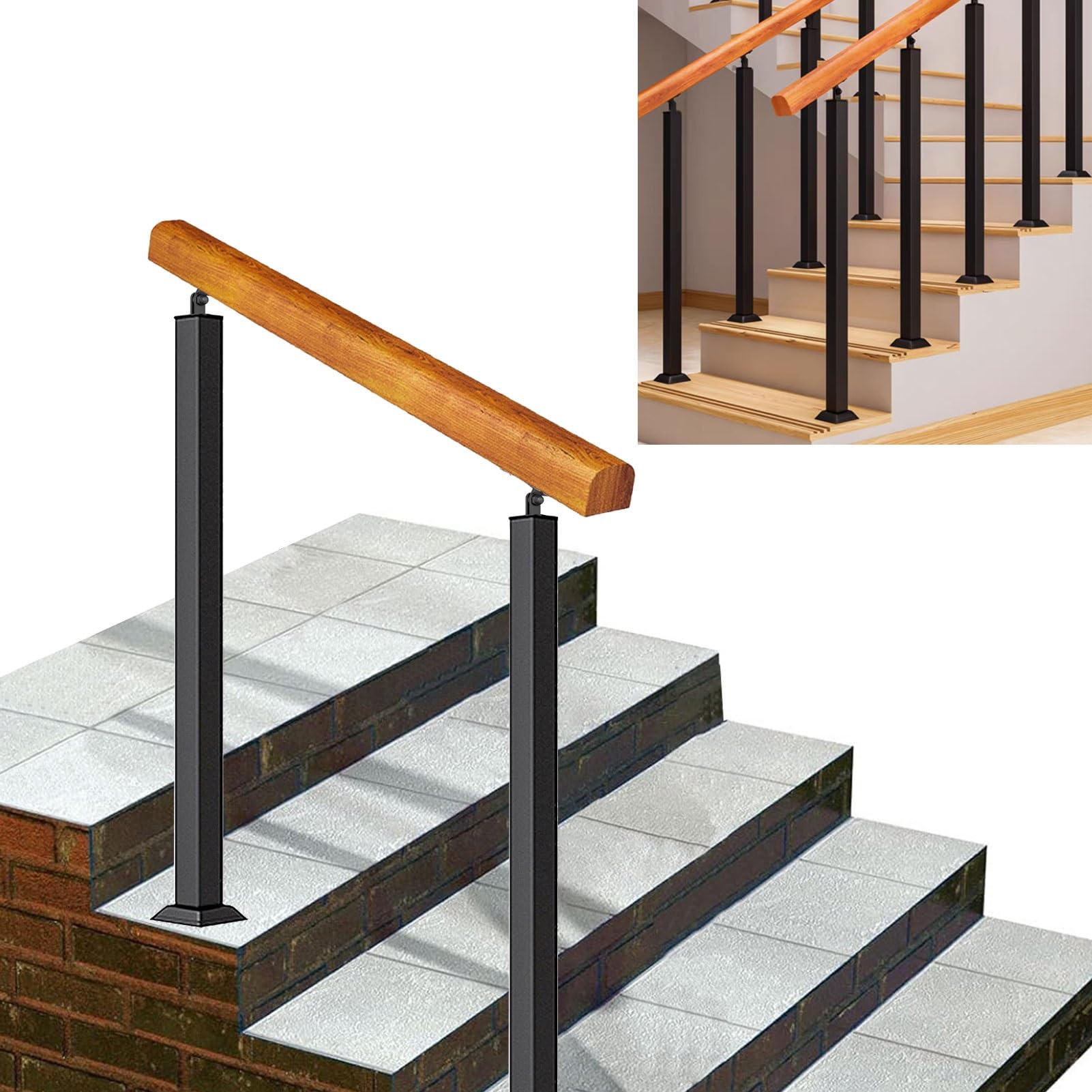 Rampes d'escalier extérieures de 1 à 4 marches et garde-corps en fer forgé noir