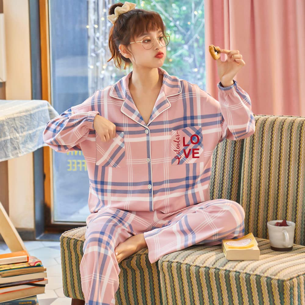 Pijama Mujer,Conjuntos De Pijama para Mujer Bolsillo De Solapa De Algodón A Cuadros Rosa Amor Acogedor Y Cálido Pjs De Manga Larga Top & Amp; Conjunto De Pantalones Ropa De Dormir Ropa De Dormir