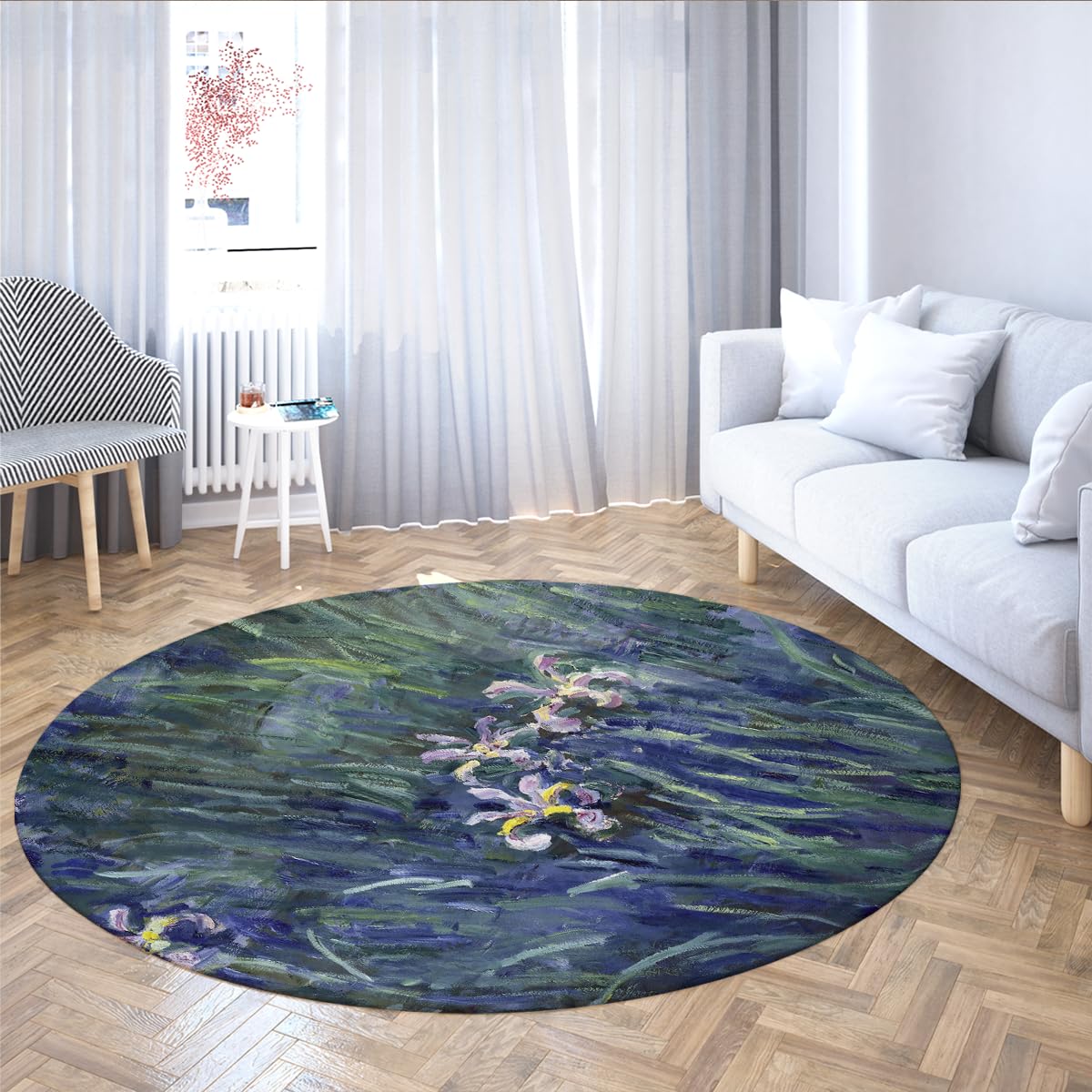 Runde Teppiche 70cm Botanischer Iris-Teppich für den Eingang | Maschinenwaschbarer rutschfester Kreisteppich Impressionistenkunst Weicher Flachprofil-Innenteppich für Leseecke