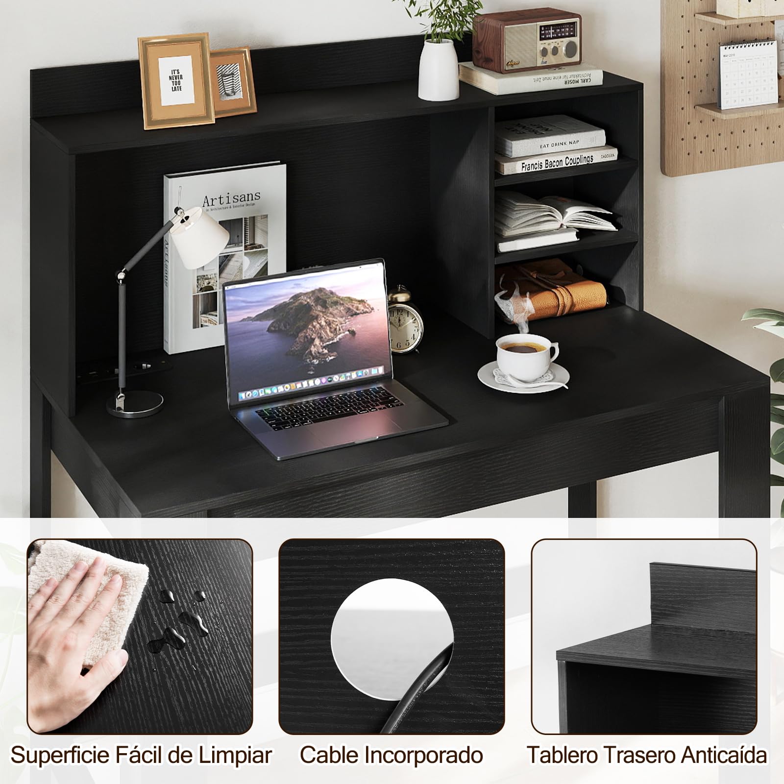 COSTWAY Escritorio con Estantería 108 x 60 x 125 cm, Mesa Escritorio con Enchufes y Agujero para Cables, Tocador Dormitorio Oficina Despacho (Negro)