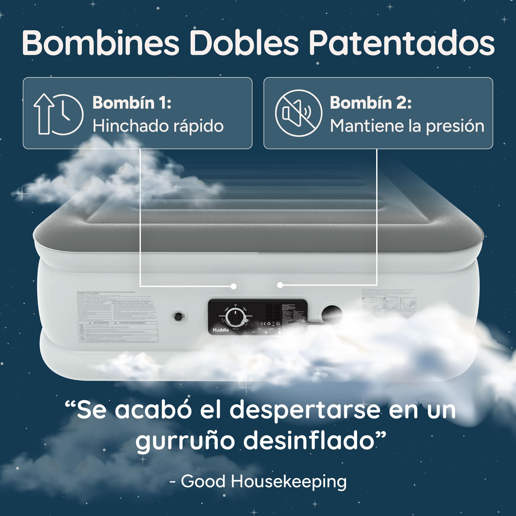 Huddle Never Deflate™ Luxury Colchón Inflable King Size, Ganador del Good Housekeeping 2025, con Hinchador Dual SlumberGuard™, firmeza Ajustable, Bomba integrada y luz Nocturna USB.