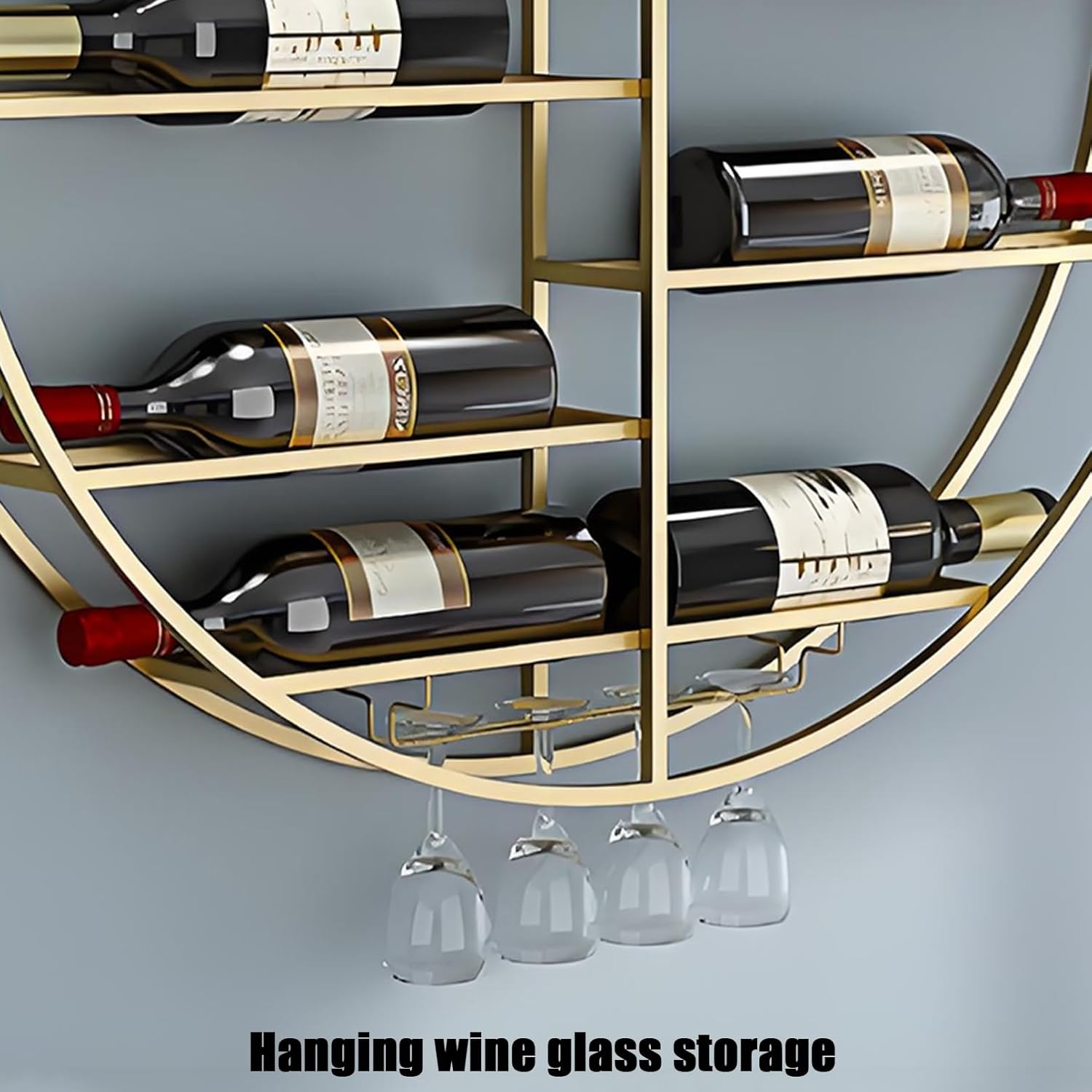 YVYKFZD Metal Wall Mounted Wine Rack, Round Floating Bar Shelves, Creative Liquor Bottle Display Shelf with Wine Glass Holder, Simple Industrial Wine Holder, Space Saving(Gold,60x11x60cm)