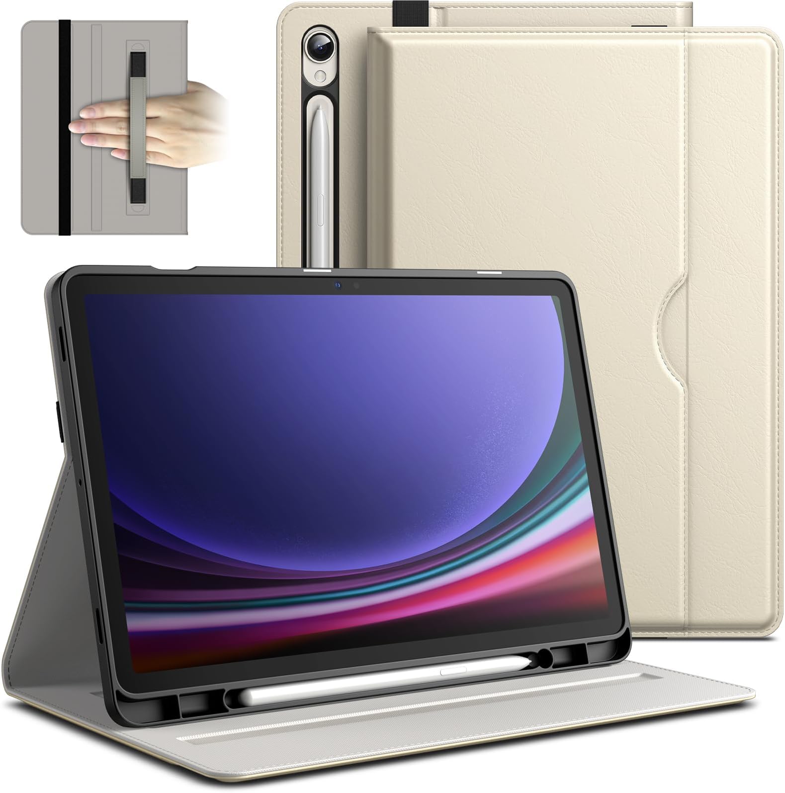 JETechCase for Samsung Galaxy Tab S9 11-Inch with S Pen Holder, PU Leather Business Folio Stand Protective Tablet Cover with Pocket & Straps, Auto Wake/Sleep, Multi-Angle Viewing (Beige)