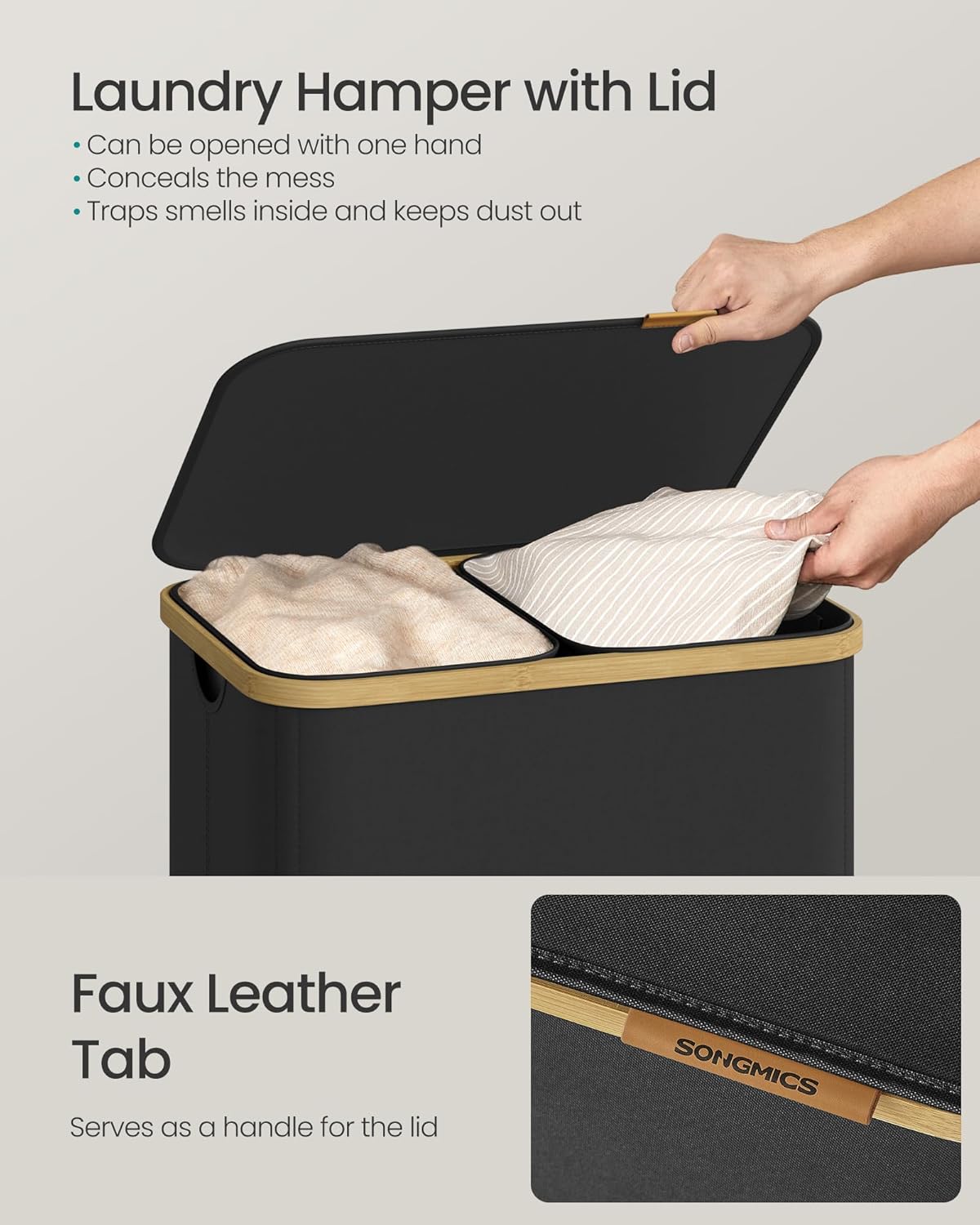 SONGMICS Laundry Hamper, Laundry Sorter with Lid, Storage Basket Bin, Removable Liners, Bamboo Frame, for Bedroom, 2 Sections, 39.6 Gal. (150 L), Ink Black ULCB532BH01