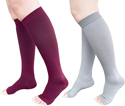 Calcetines de compresión con punta abierta, 2 pares de 15-20 mmHg, soporte de circulación médica sin dedos de los pies, calcetines de compresión