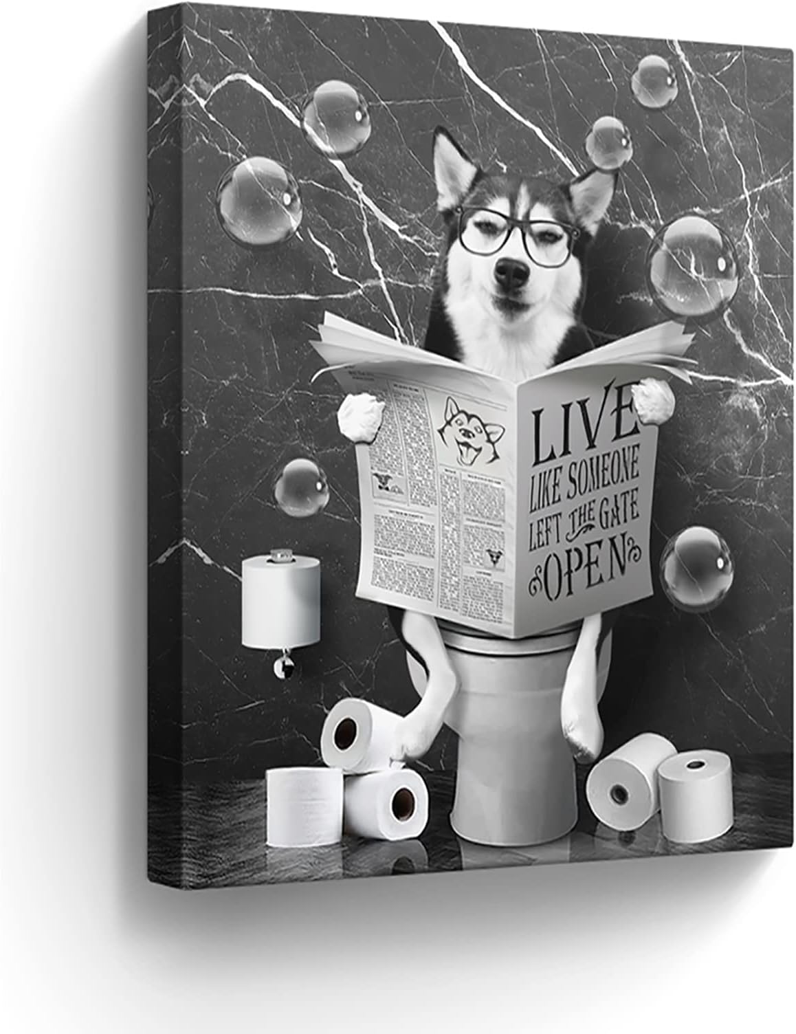 Husky Dog Sitting in Toilet Decor Wall Art - Funny Husky Pictures Black and White Bathroom Wall Decor Farmhouse Dogs Painting for Toilet Animals Artwork Framed 12"x16