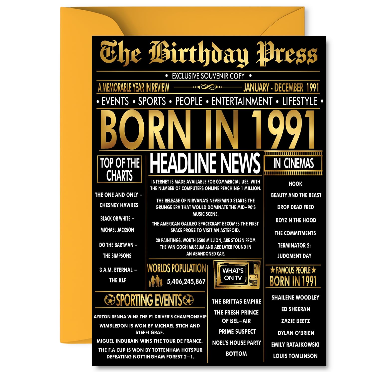Gold 35th Birthday Card for Men Women - Black & Golden Newspaper Born in 1991 - Happy 35 Birthday Cards for Neighbour Brother Daughter Wife Nephew Colleague, A5 Bday Greeting Cards