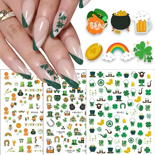 Miniatura 6 de 7 hojas de calcomanías de uñas del día de San Patricio, calcomanías de uñas de trébol 3D, trébol irlandés verde, suministros de uñas, hojas de la