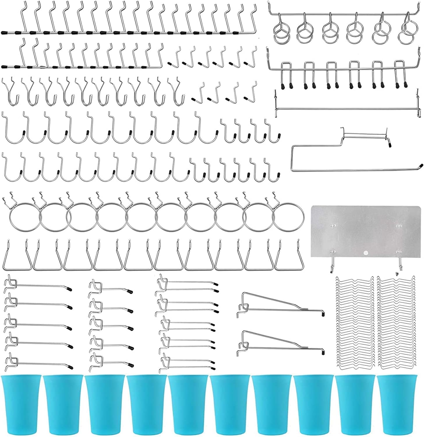 Oyydecor Pegboard Hooks Assortment, Plastic Bins, Peg Locks for Organizing Storage System, 202 PCS, 70 of Which are Locks (Silver)